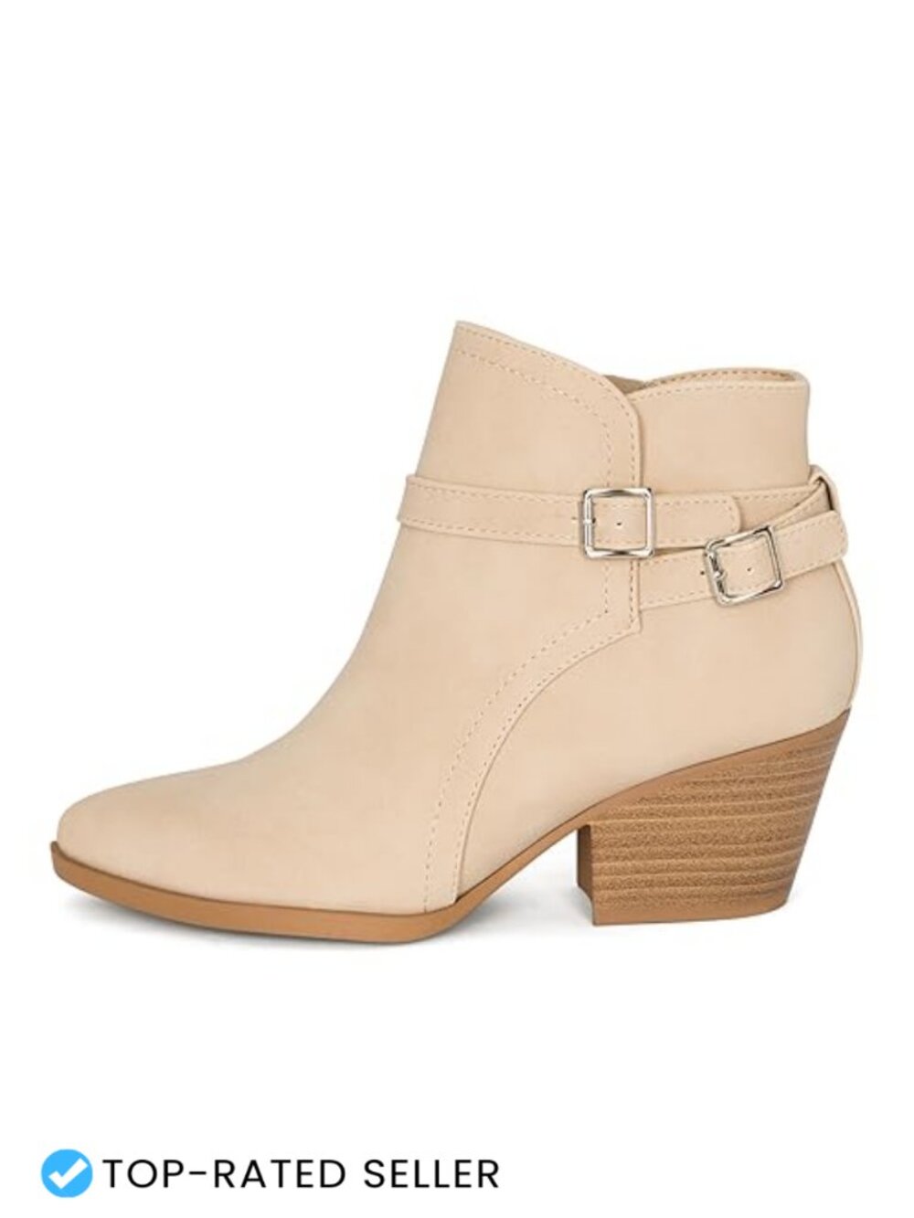 Western Stitch Pointy Toe Double Buckle Wood Stacked Heel Ankle Boots